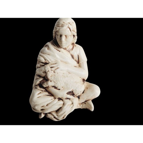 Ceramic Shepherd Holding Lamb Statue 4.5" Tall Beige Brown Signed  Jean S - Picture 2 of 7